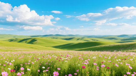 Beautiful spring meadow with flowers and green grass under blue skyの素材