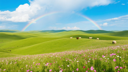 Beautiful spring landscape with rainbow and sheeps on the meadowの素材
