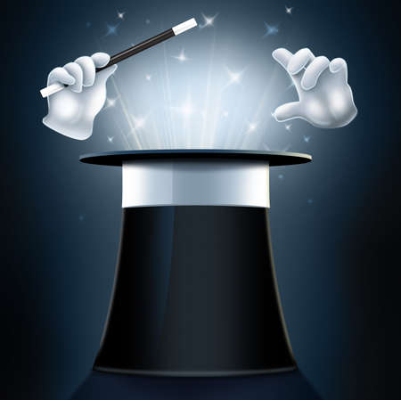 Upside down magicians top hat with white gloves holding wandの写真素材