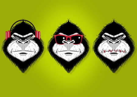 Digital illustration of three gorillas, hear no evil, see no evil and speak no evilの写真素材