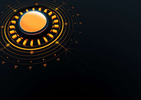 3D render of technological futuristic background texture in orange and black with a shiny orange and...