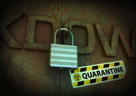 3D render of an eerie scene of a padlock locking a close up section of the word lockdown together. The word lockdown and itâs backing are made out of a rusted metal. There is a bihazard quarantine sticker on stuck on the metal door.の写真素材