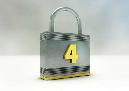 3D render of padlock with a number 4 embossed on in standing on a grey gradient background. Coronavirus stage 4 lockdownの写真素材