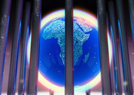 3D Render of close up the earthâs globe with an atmosphere around it, trapped inside a cage with dust particles and a minimum depth of field. Lockdownの写真素材