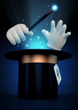 3d illustration of a pair of levitating hands holding a wand abouve a top hat wth magical light coming out of itの写真素材