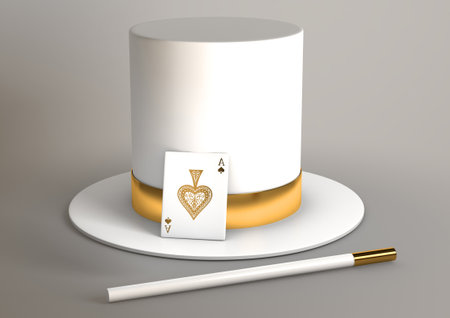3D illustration of white and gold magicians top hat, wand. and ace of spades sitting on a surfaceの写真素材