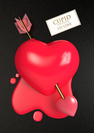 3D cartoon style illustration of a bleeding heart with cupids arrow through it and cupids calling...