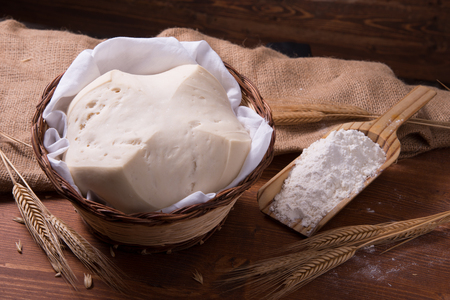 Mother Yeast, Natural Yeast on still life composition with flour and wheatの写真素材
