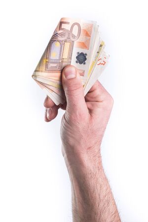 Hand show or give money on white backgroundの写真素材