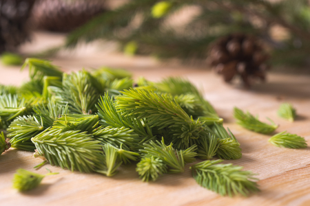 gem of fit with pine cone on a rustic wood compositionの写真素材