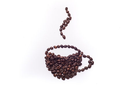 coffee cup draw with toasted coffee beans on a white backgroundの写真素材