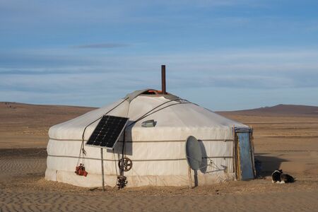Traditional Mongolian Yurt with tecnlogic facilities, satellite antenna and solar panelの写真素材