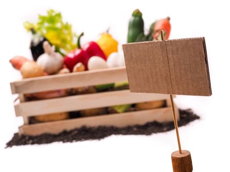 Organic vegetables in wooden rustic box and topsoil with cardboard square tag. Price tag, gift tag, sale tag,  label isolated on white backgroundの写真素材