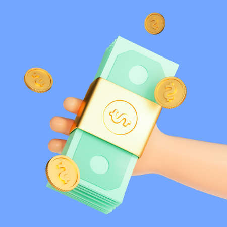 Hand holding stack of cash and gold coins 3d illustrationの写真素材
