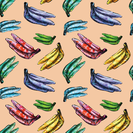 Seamless hand drawn watercolor coloring tropical summer bright hipster funky fruity banana patternの写真素材