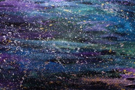 Dreamy space hipster hand painted metallic watercolor background on black paper. Dark blue, green...