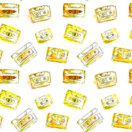 Seamless decorative audio cassette tape pattern background illustration. Hand drawn watercolor on white paper, yellow color. Good for textile, wrapping, wallpaper, card and music event postersの写真素材