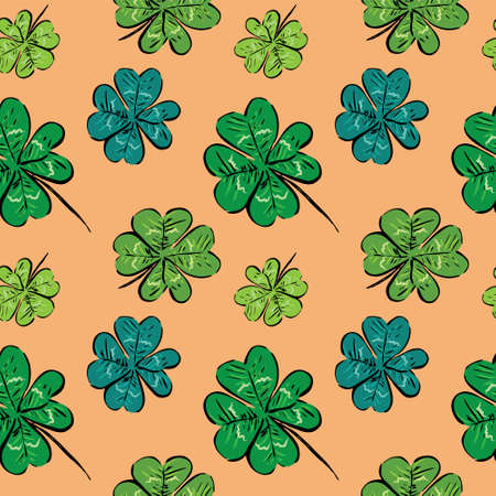 Hand drawn ink style black and white four leaves lucky clover seamless pattern vector illustration. Saint Patrick's day celebration cards, menu, invitations or banners, gift wrapping paperの写真素材