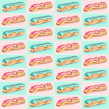 Seamless surface pattern: traditional French desserts: cute yummy hand-drawn eclair cakes on pink...