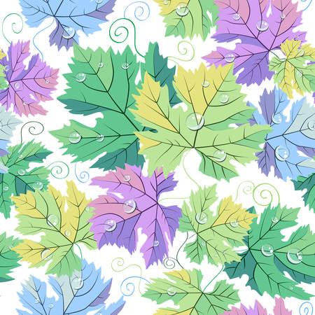 Seamless pattern vector grape leaves and vine on white background. In blue purple pink green cute pastel colors. For wine bar menu decoration, wedding cards, wrapping, textile or scrapbooking paper.のイラスト素材