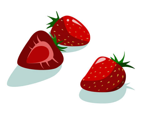 Three yummy sweet fresh red strawberries vector illustration in hipster flat style. For restaurant menu decoration, products label sticker packaging design for jam, yogurt, natural cosmetics etcのイラスト素材