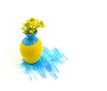 Small cute tiny vase with mini flowers bouquet and hand painted watercolor blot spot isolated on white background. Photo with free blank copy space for text. For cards, posters, website decoration.の写真素材