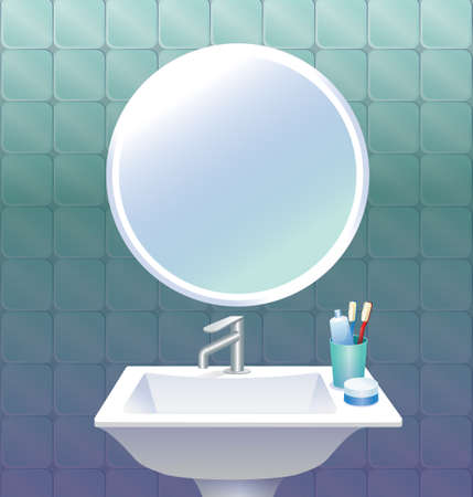Blue cyan aquamarine bathroom interior. Tile wall, white sink, metallic tap, mirror, dental and cosmetic accessories, toothpaste, brush and face cream jar. Cute flat style cartoon illustration.の写真素材