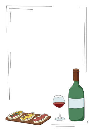 Doodle cartoon hipster style colored vector illustration. A still life or set with bottle and glass of wine, Italian bread. Bar restaurant menu. ads, poster or card. A4 frame with copy space for text.のイラスト素材