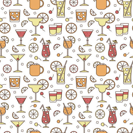 Seamless pattern illustration. Cocktail glasses high ball martini margarita shot Moscow mule mug. For card, poster, invitation or restaurant menu for beach party event, wallpaper or textileのイラスト素材