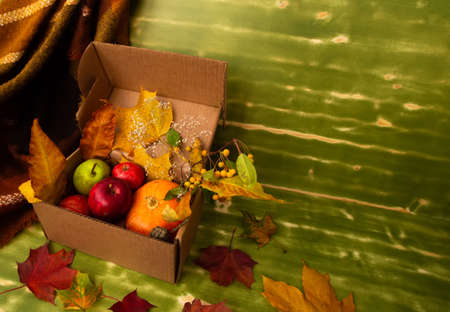 Autumn fall Halloween Thanksgiving season special post delivery box with fruits and vegetables...