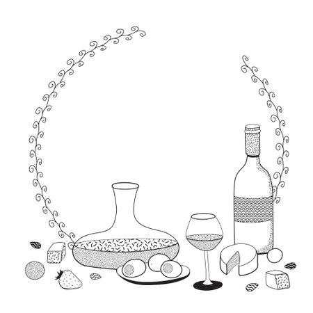 Doodle cartoon hipster style black and white vector illustration. A still life ring frame with wine glass, decanter, bottle and appetizers. Bar restaurant menu ads, poster, card or stickerのイラスト素材