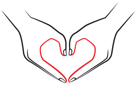 Two hands making a heart sign victory gesture symbolizes love and care or one of the 2020 Belarus protest signs. A stroke line vector illustration, can be used as iconのイラスト素材