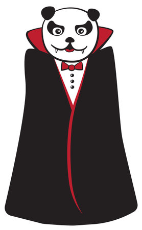 Cute cartoon doodle style Halloween panda characters in Dracula vampire monster costume. Funny vector illustration for holiday cards, postcards, posters or sticker decorのイラスト素材