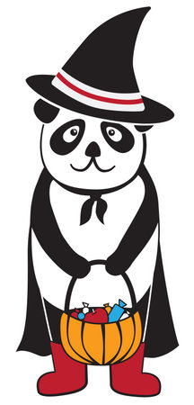 Cute cartoon doodle style Halloween panda characters in witch costume. Funny vector illustration for holiday cards, postcards, posters or sticker decorationのイラスト素材