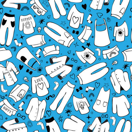 Dress pants skirt sweater and other woman clothing hand-drawn cartoon doodle hipster style seamless pattern illustration. Good for clothing store wrapping, sales ads, website design or fashion blogのイラスト素材