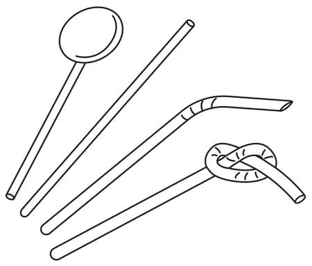 Collection set of hand-drawn doodle cartoon style classic cocktail straw vector drawings. Bar accessories for restaurant menu, website design, cocktail making process illustration, cookbook decorationのイラスト素材