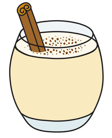 Eggnog or egg milk punch cocktail. Stylish hand-drawn doodle cartoon style white Christmas winter hot warm drink in a rocks glass garnished with cinnamon stick and cocoa.のイラスト素材