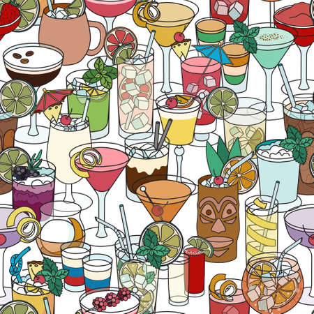 Multicolor cocktail seamless pattern. Hand-drawn cartoon doodle style vector seamless pattern with variety of drinks like martini, margarita, old fashioned garnished with oranges, lemons, olives etc.のイラスト素材