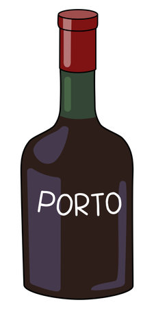 Port Wine in a bottle. Doodle cartoon hipster style vector illustration isolated on white background. Good for party card, posters, bar menu or alcohol cook book recipeのイラスト素材