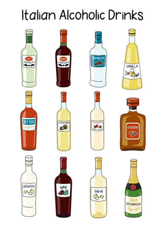 Collection set of classic Italian Alcoholic Drinks. Doodle cartoon hipster style vector A4 A3 poster size illustration isolated on white background. For party card, bar menu, alcohol cook book recipeのイラスト素材