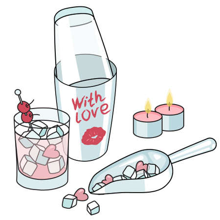 Composition with cocktail shaker, scoop with heart shaped ice, pink candles and romantic style drink in a rocks glass. Cute Valentines day doodle cartoon vector illustration isolated on whiteのイラスト素材