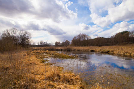 Spring in Belarus. Dry yellow grass, blue sky reflecting in the river. Warm pleasant april sunny day country side photoの写真素材