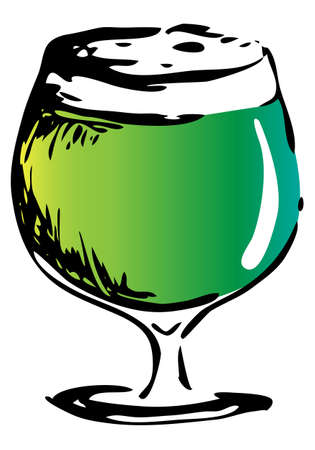 Saint Patrick Day special Irish Snifter pint green beer glass. Hand drawn ink style graphics illustration. Craft draft beer event festival poster, banner ir stickers, pub bar restaurant menu.のイラスト素材