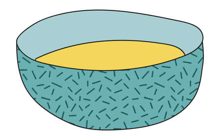 Doodle cartoon style yellow sweet honey in blue bowl vector illustration. Bar restaurant menu ads, poster, card, farmers market food decor, website design or stickers.のイラスト素材