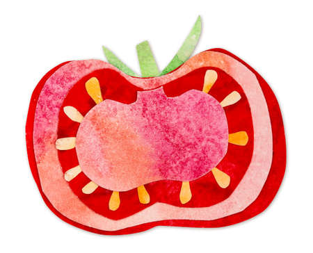 Hand-drawn watercolor papercut red tomato. Bright cute kawaii kidcore style illustration, good for farmers market, supermarket products design, stickers or postcardsの写真素材