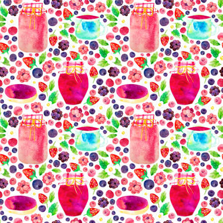 Hand-painted watercolor papercut summer berries and homemade products seamless pattern. Jelly jar,...