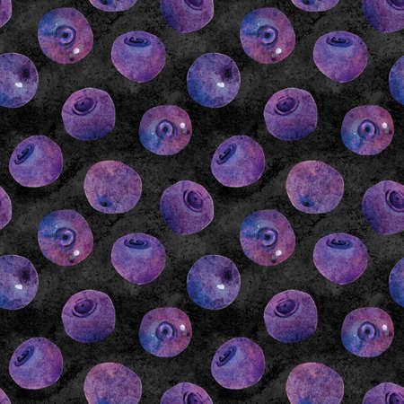 Hand-drawn watercolor papercut blueberries seamless pattern on dark. Cute kawaii background, good...