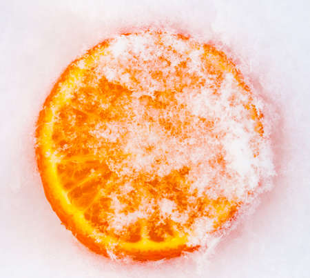 A slice of fresh frozen orange tangerine mandarin fruit cowered with white cold winter snowの写真素材