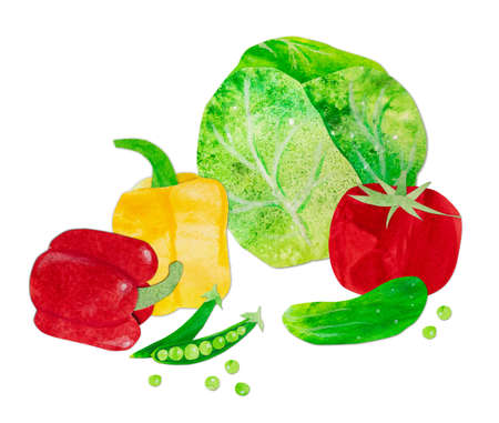 Hand-drawn watercolor vegetable salad composition. Fresh ingredients such as tomato, cucumber, cabbage and green peas. Cute illustration, for farmers market, products design, stickers or postcards.の写真素材