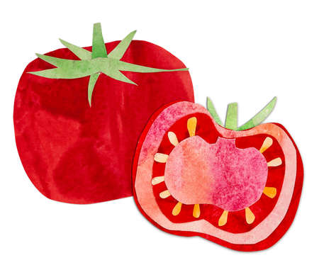 Hand-drawn watercolor papercut red tomatoes. Bright cute kawaii kidcore style illustration, good for farmers market, supermarket products design, stickers or postcardsの写真素材